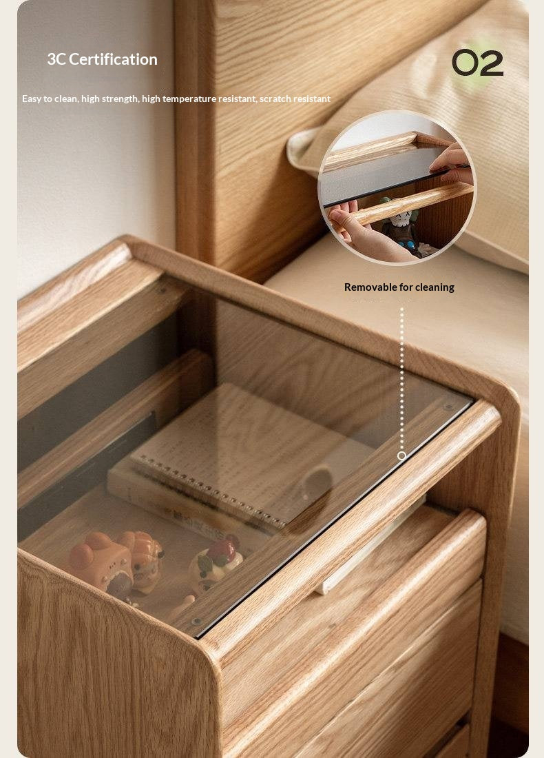 Ash Solid Wood Nightstand With Glass Top