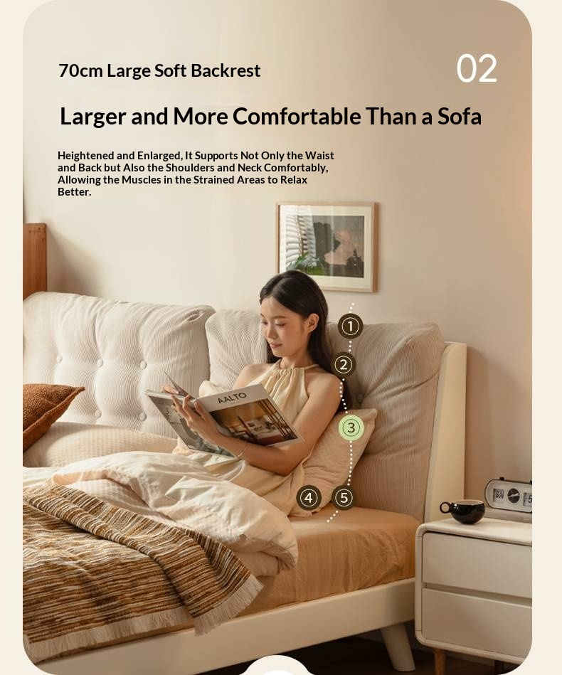 Oak, Rubberwood Solid Bed with Cream Finish — Casual Bedside with Soft Bag Backrest and White Soft Back