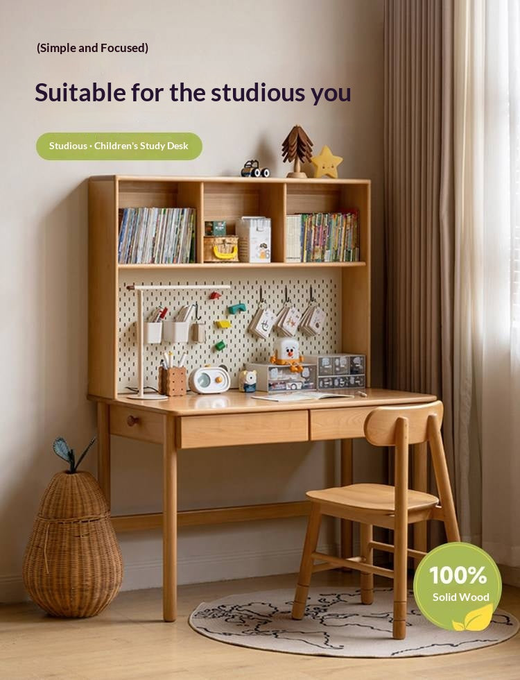 Beech, Oak Solid Wood Writing Desk with Bookshelf Hutch and Organizer Panel