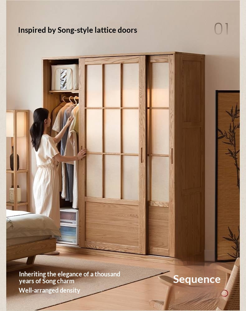 Oak Solid Wood Wardrobe Cabinet with Minimalist Songshi Storage