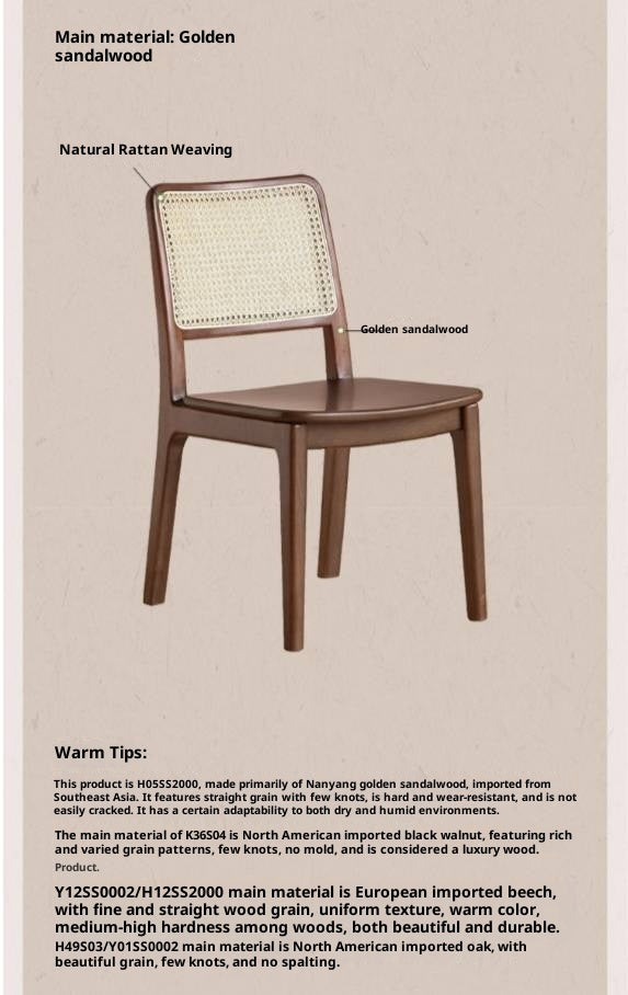 Set 4 pcs Black Walnut, Oak, Beech, Sandalwood Solid Wood Retro Rattan Chair