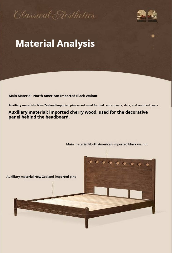 Black Walnut Solid Wood Mid-Century Classic Bed with Cherry Accent Headboard