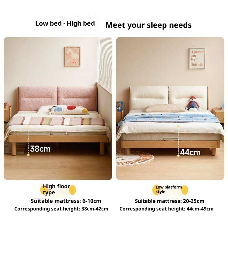 Beech Solid Wood Adjustable Height Kids Bed with Upholstered Segmented Headboard
