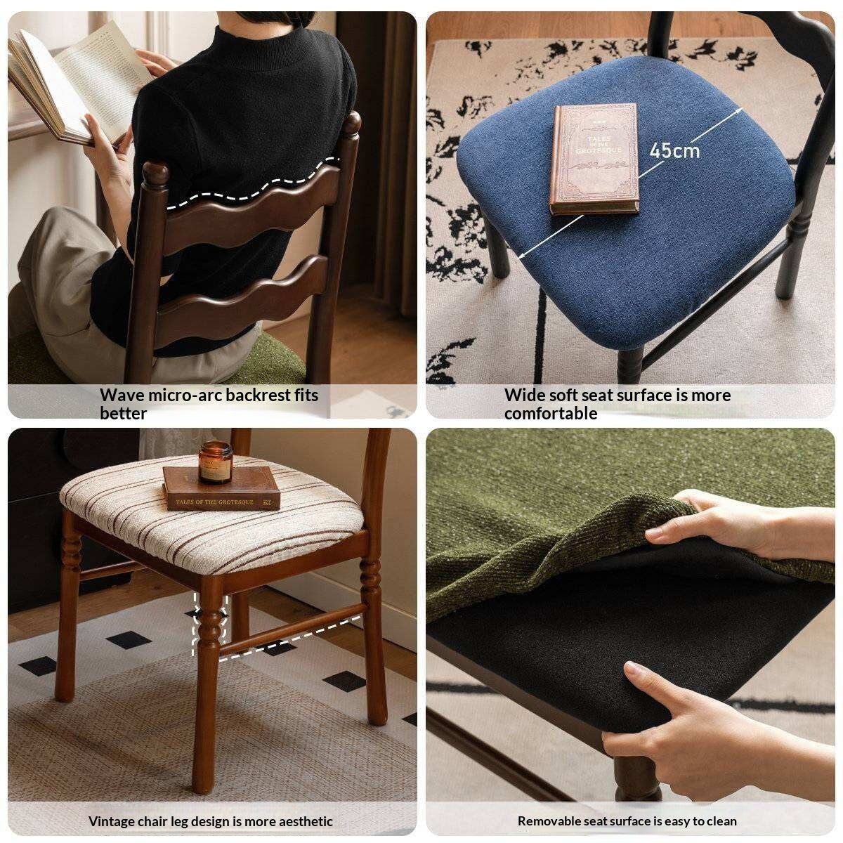 4 pcs-Beech, Ash Solid Wood French Retro Chair with Removable Washable Cushion