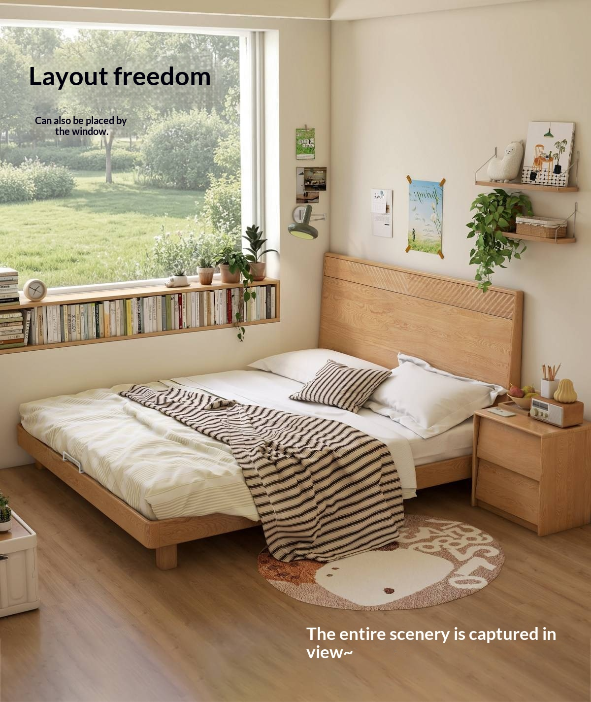 Oak Solid Wood Platform Bed with Grooved Panel Headboard Accent