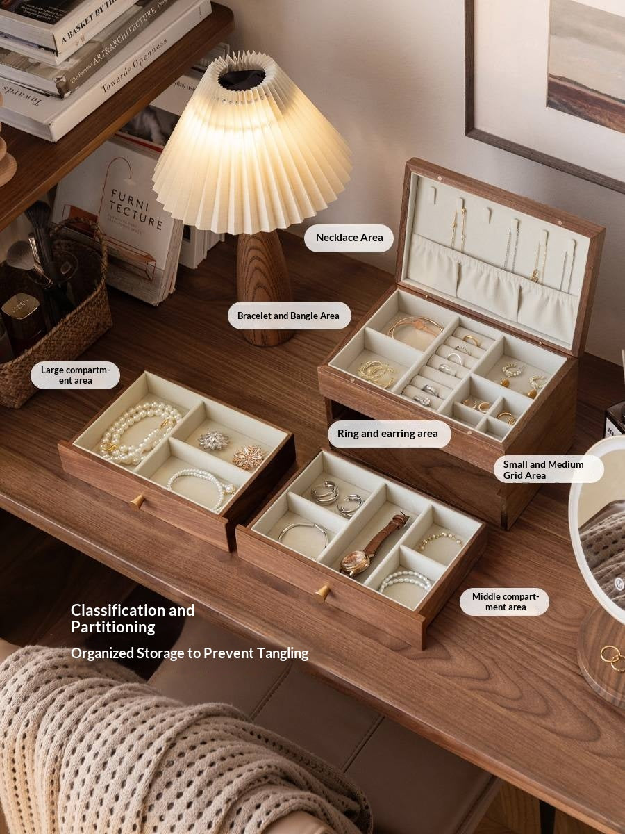 Black Walnut Solid Wood Jewelry Box with Large Capacity for Earrings and Necklaces