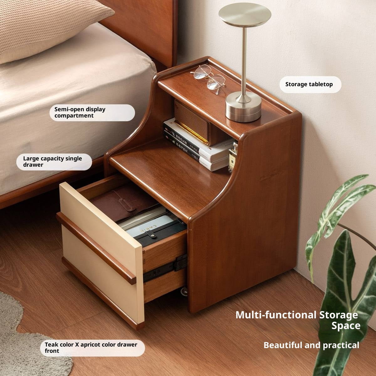 Poplar Solid Wood Movable Bauhaus Style Nightstand.