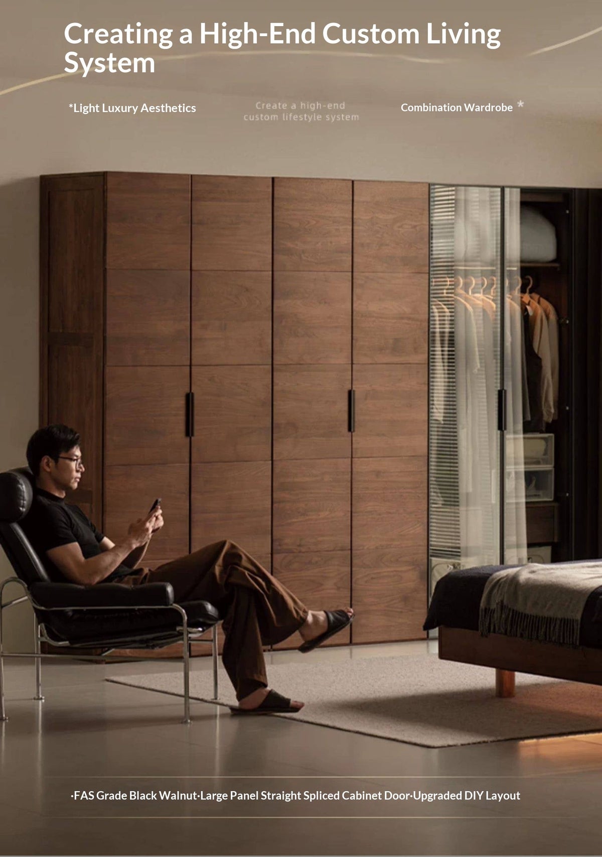 Black Walnut Solid Wood Wardrobe Combination Storage Cabinet