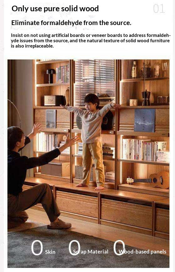 Cherry Solid Wood Bookcase with Wall Integration and Floor Storage Cabinet