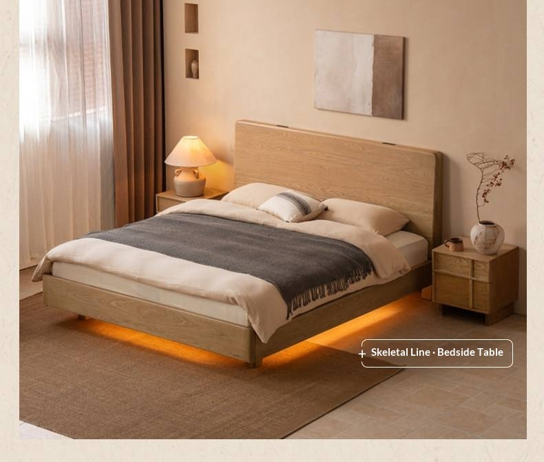 Ash Solid Wood Bed — Modern Minimalist Large Slab Design with Luminous Features