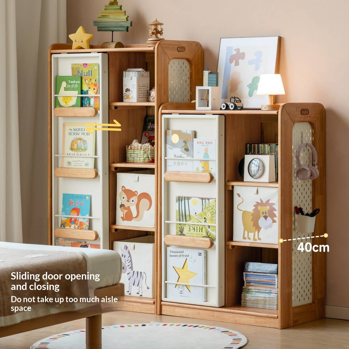 Solid Rubberwood Children's Bookcase with Sliding Doors and Toy Storage