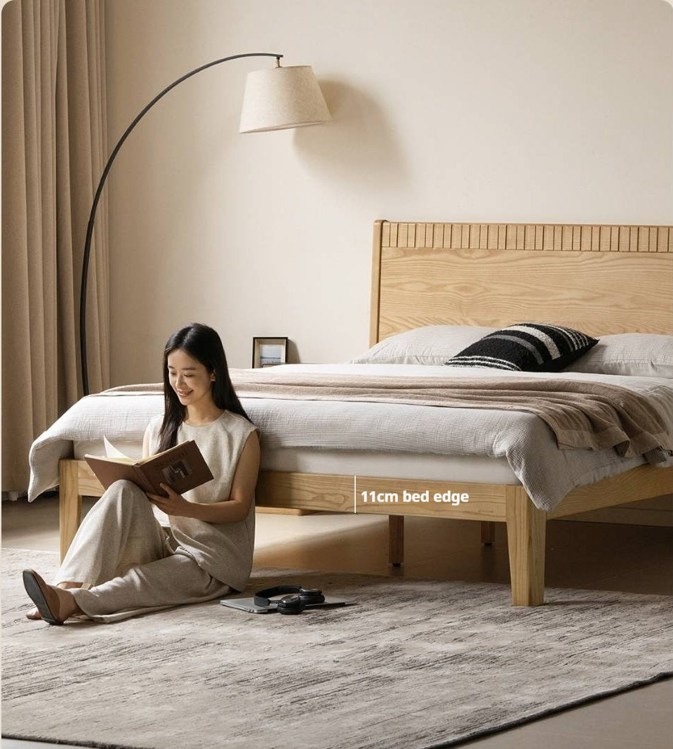 Ash Solid Wood Modern Minimalist Bed with Grooved Headboard and High Under-Bed Clearance