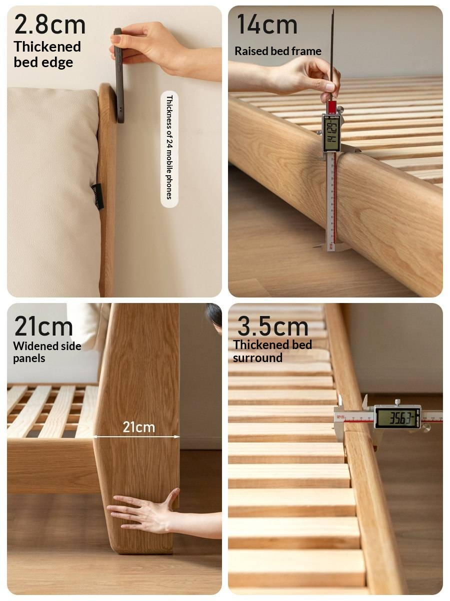 Oak Solid Wood Bed — Italian Light Luxury with White Genuine Leather and Soft Backrest