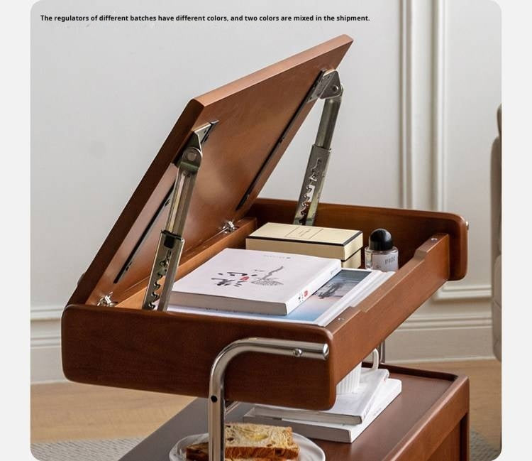 Poplar, Tulipwood, Oak Solid Wood Adjustable Lift-Top Mobile Side Cabinet with Fluted Glass Door and Integrated Reading Table Design