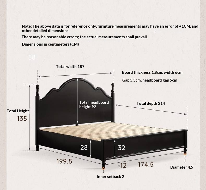 Rubberwood Solid Wood Bed American Retro Black Style