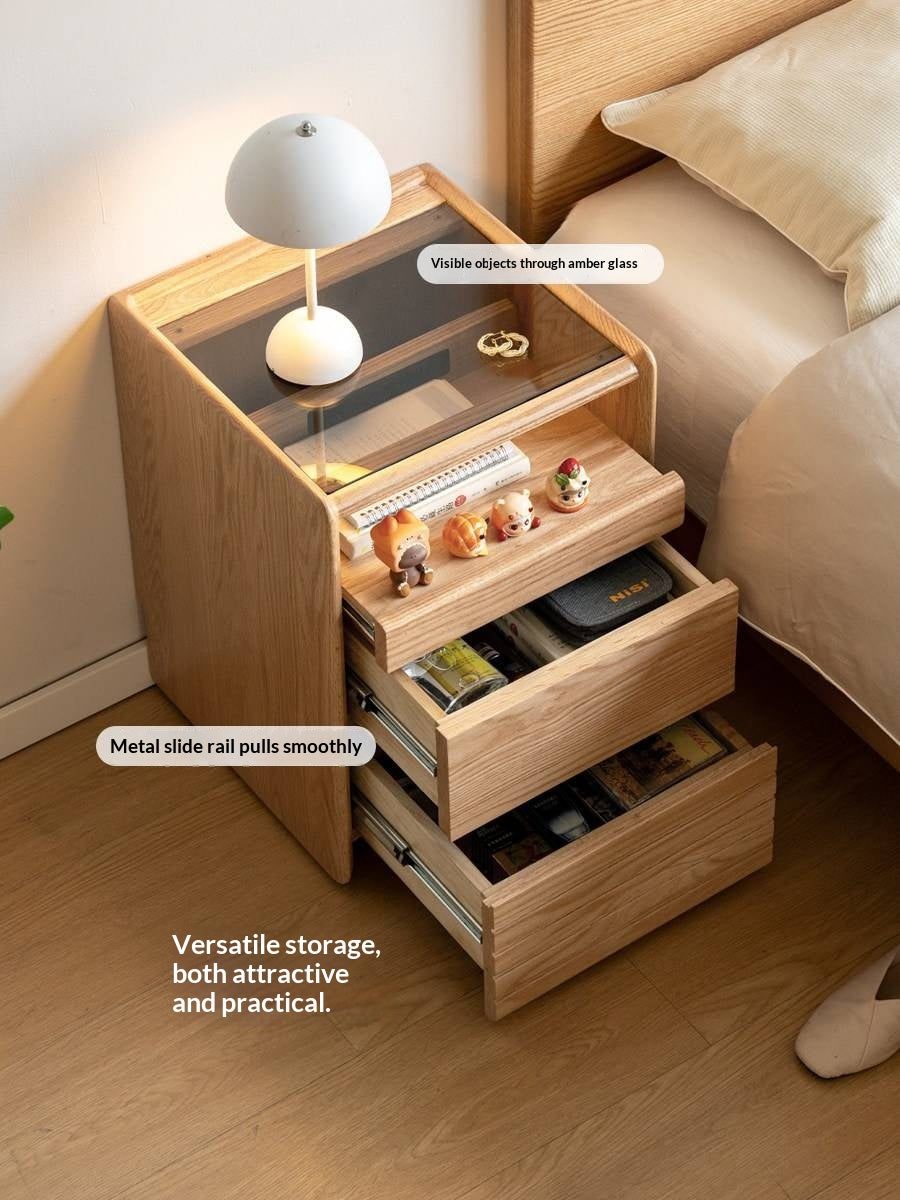 Ash Solid Wood Nightstand With Glass Top