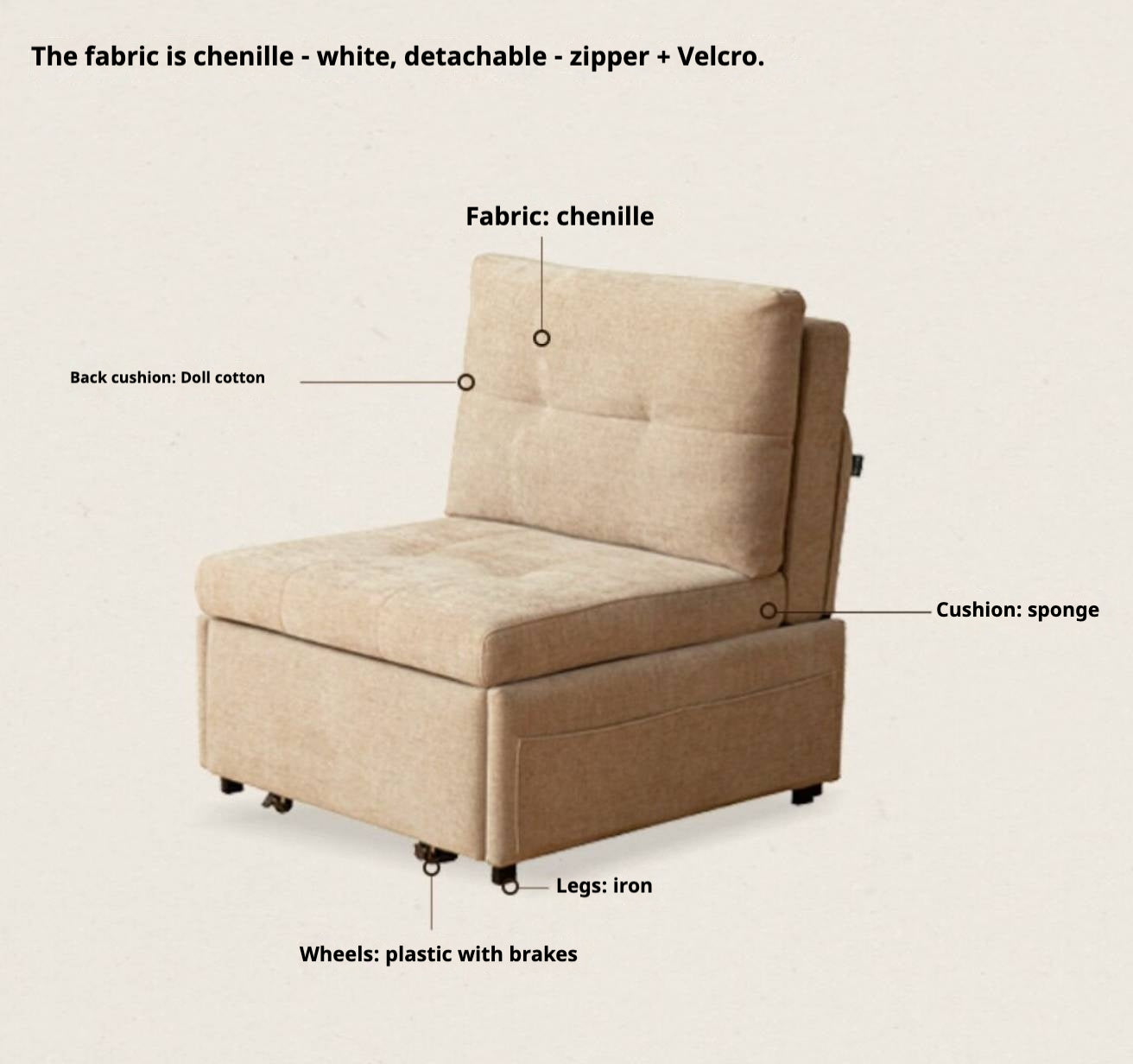 Fabric Convertible Sleeper Chair with Side Storage Pocket