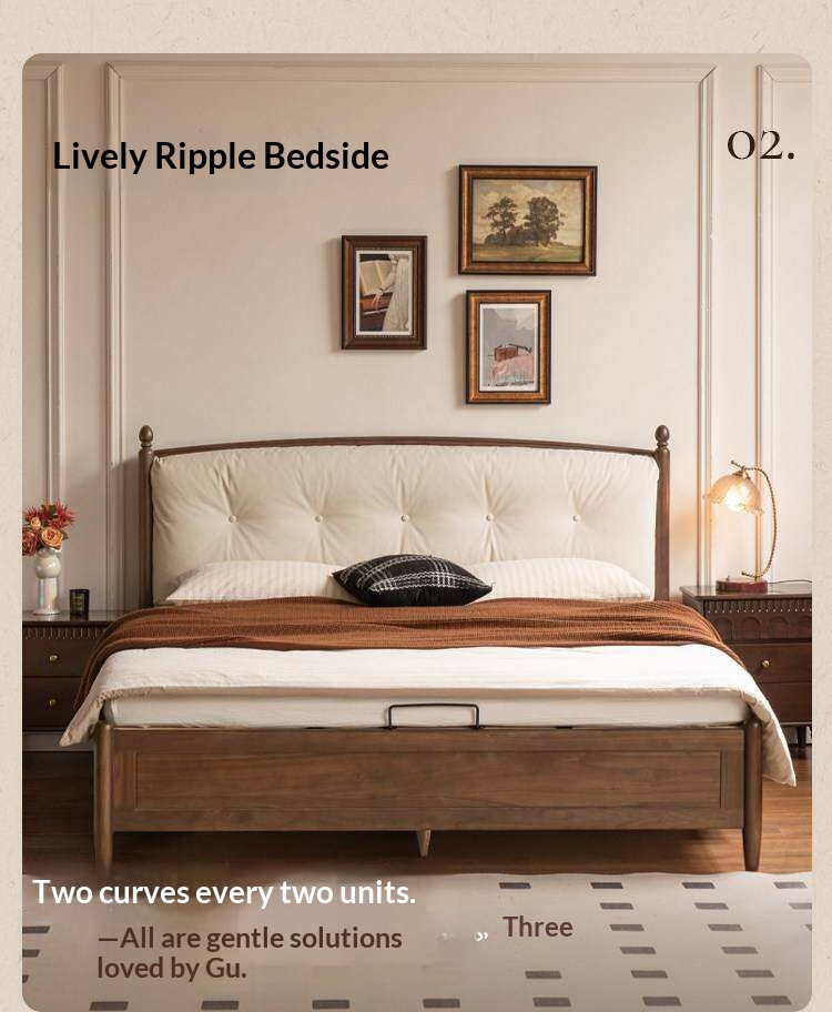 Black Walnut Solid Wood Four Poster Storage Bed with Tufted Headboard and Gas Lift