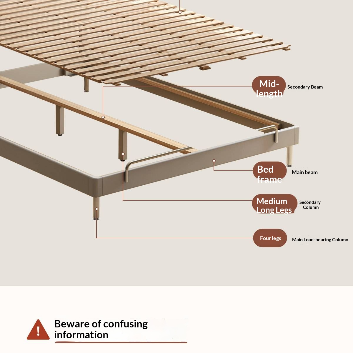 Rubberwood Solid Wood Bauhaus Platform Bed with Adjustable Headboard and Stainless Steel Legs