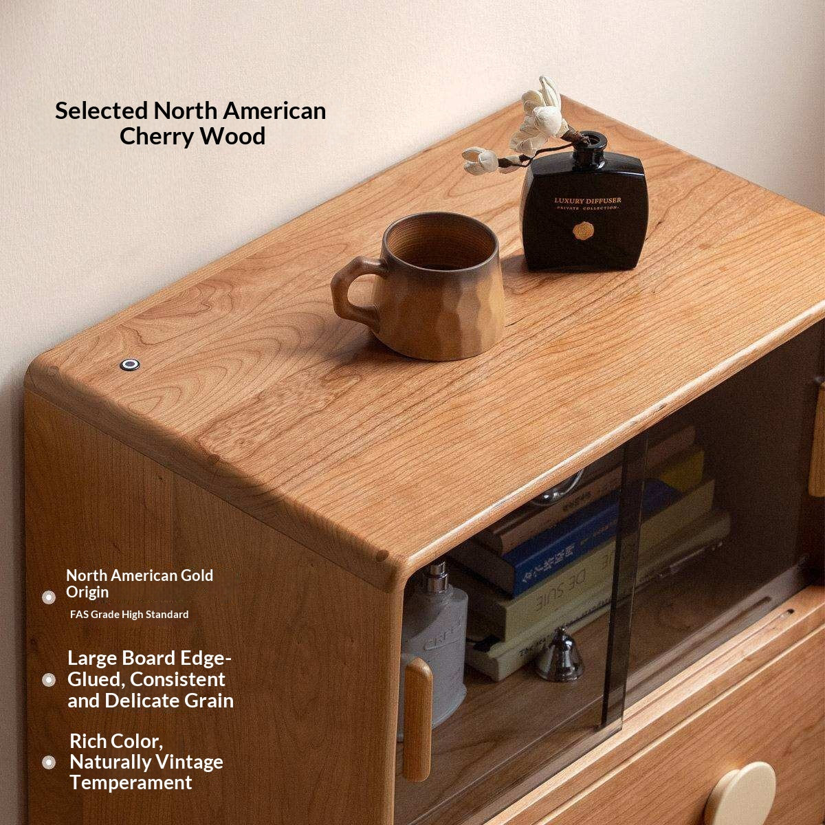 Cherry Solid Wood Side Cabinet with Drawer Storage and Antique Accents