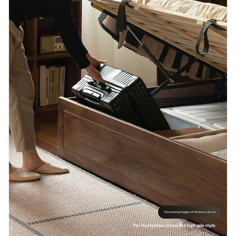 Black Walnut Solid Wood Box Bed — Luxury Genuine Leather Bed with Soft Backrest