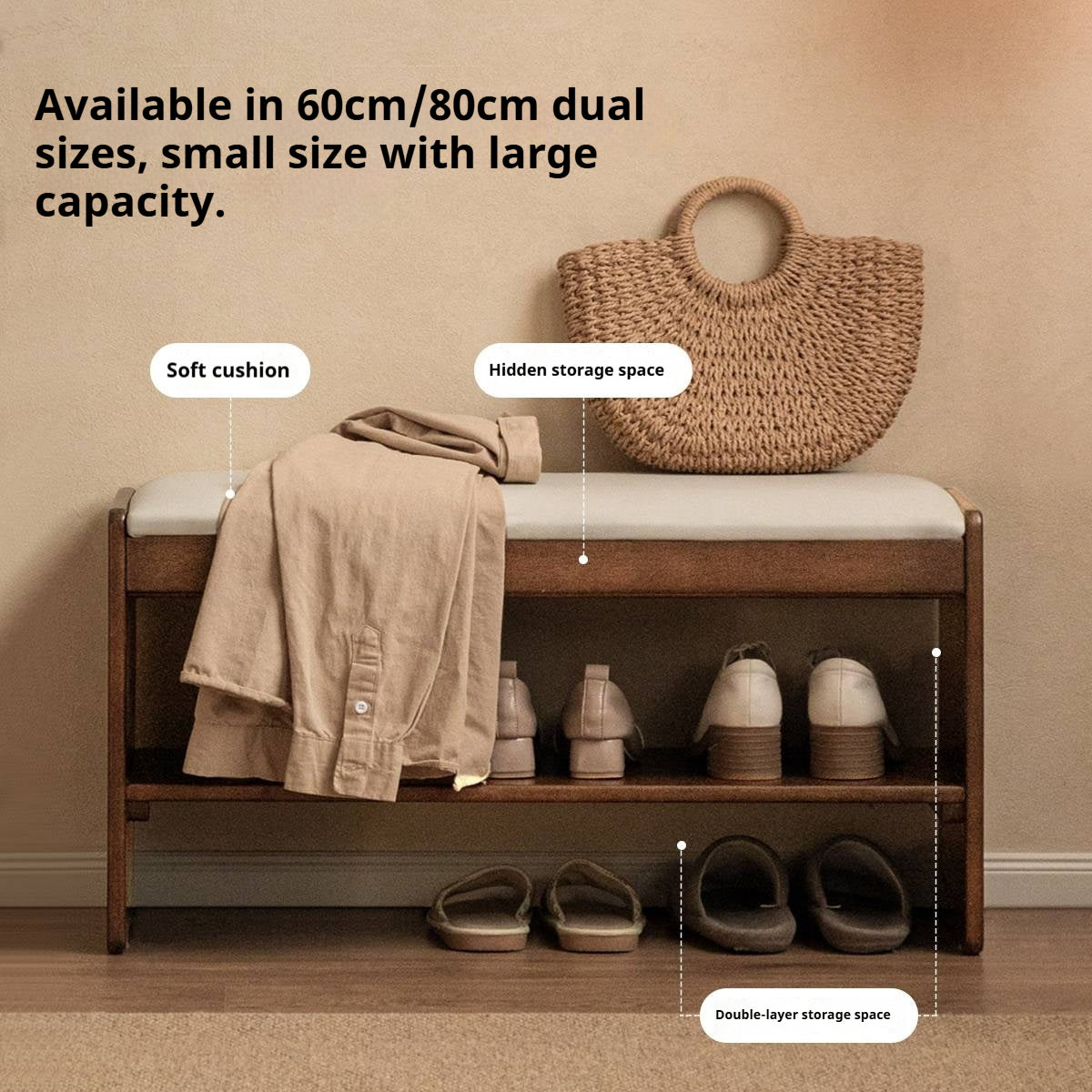 Solid Rubberwood Entryway Shoe Stool with Flip Top