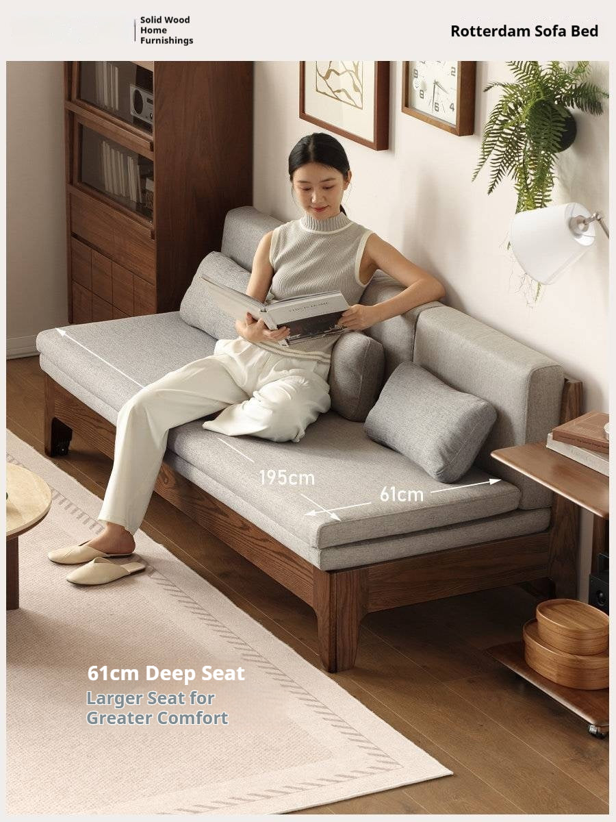 Oak Solid Wood Pull-Out Sofa Bed with Extended Sleeping Platform