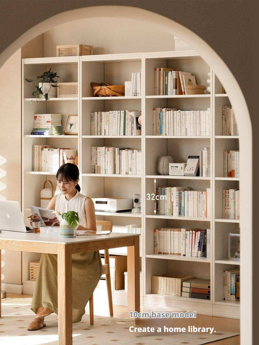Solid Rubberwood Bookshelf Wall-To-Ceiling Shelf White Cream Style