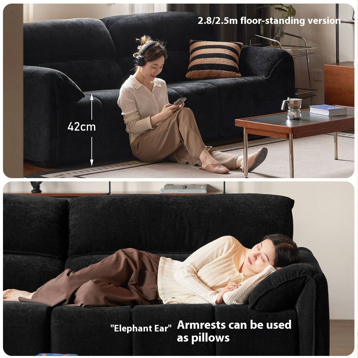 Piano-Key Black Chenille Sofa with Elephant-Ear Design