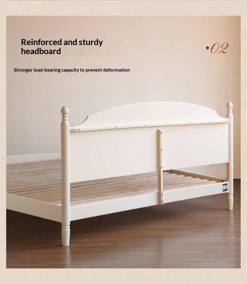 Rubberwood Solid Wood French Style Bed with White Curved Headboard and Elegant Retro Frame