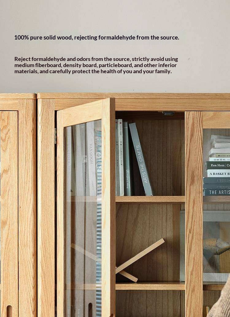 Oak, Solid Rubberwood Modern Bookcase with Glass Door Display Cabinet