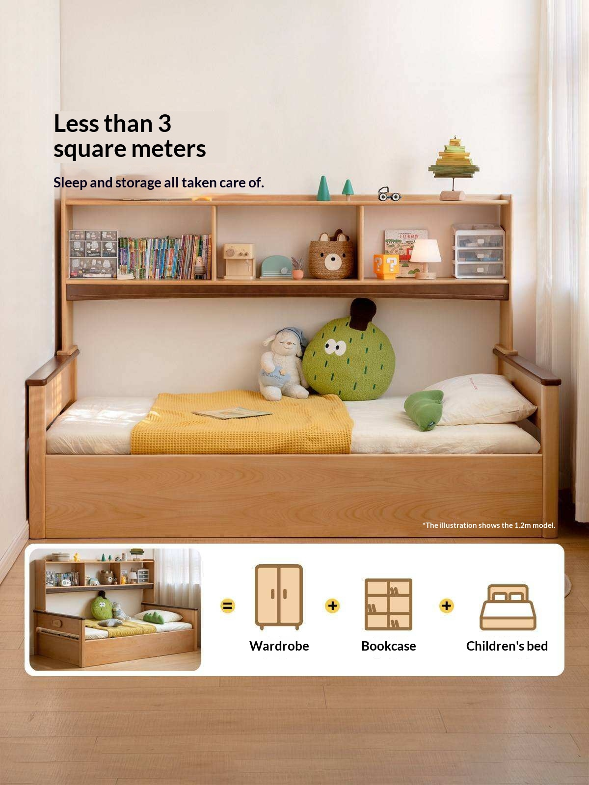Beech Solid Wood Kids Storage Bed with Bookcase Headboard and Gas Lift Base