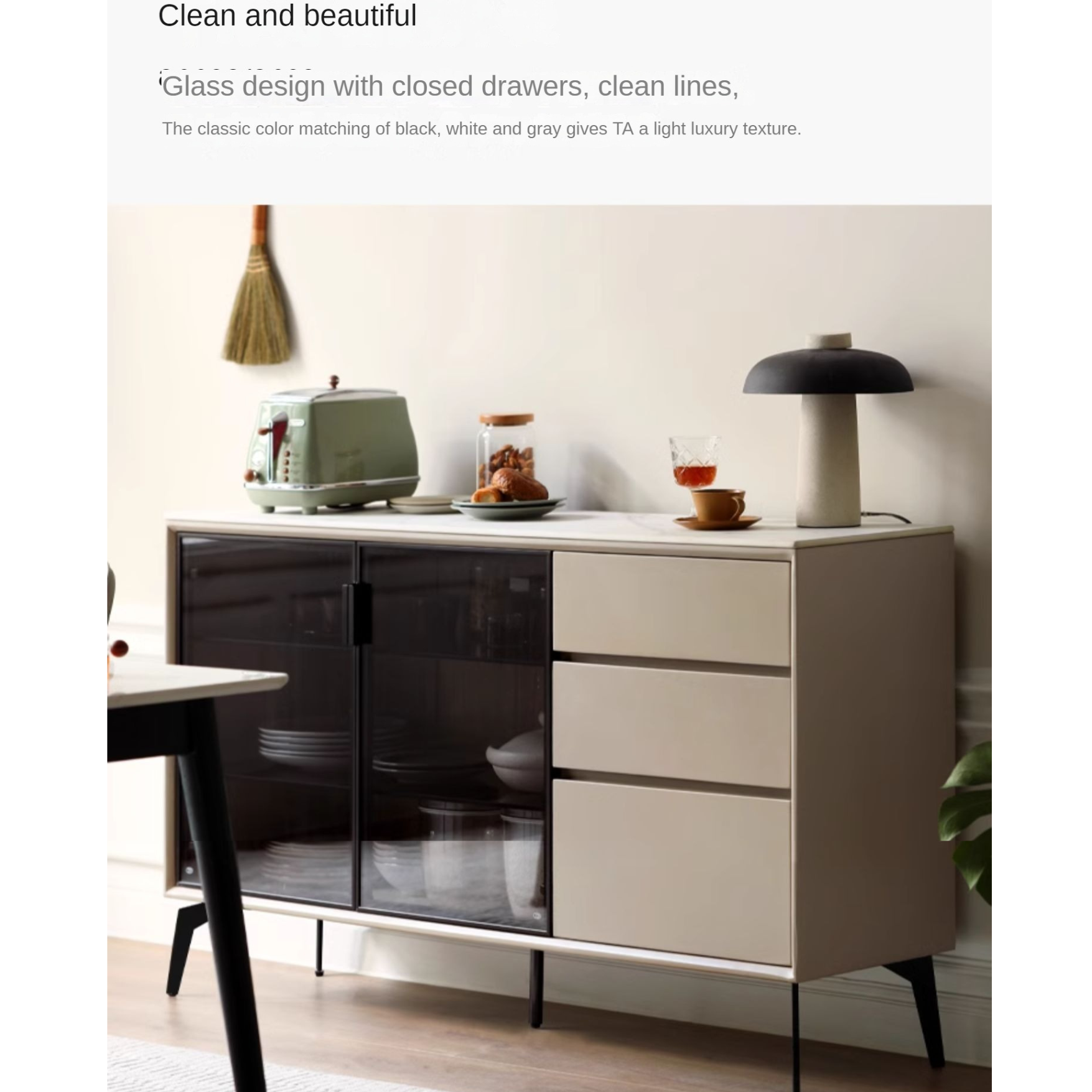 Poplar Solid Wood Rock Board Glass Door Dining Sideboard
