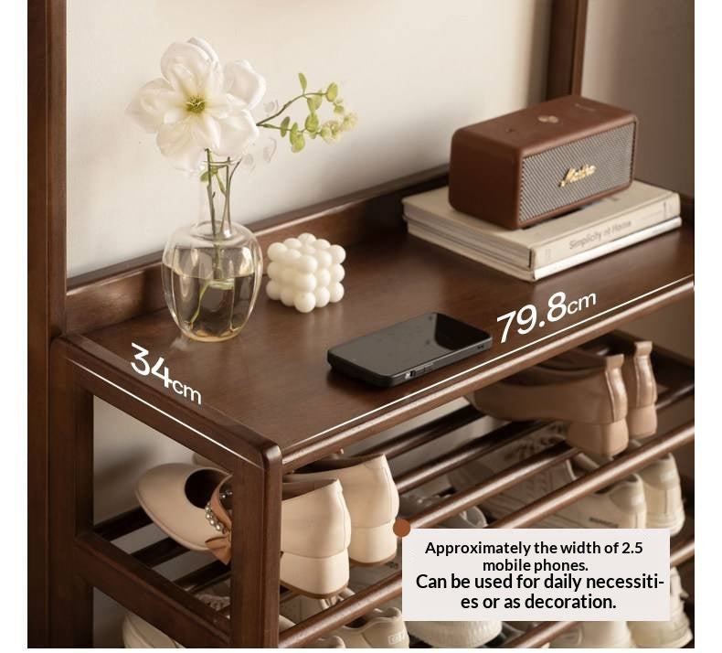 Solid RubberWood Modern Entryway Shoe Rack with Top Shelf and Hooks