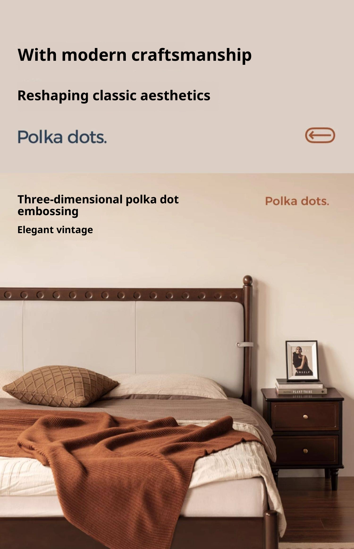 Poplar Solid Wood Genuine Leather Soft Backrest Bed Retro Vintage