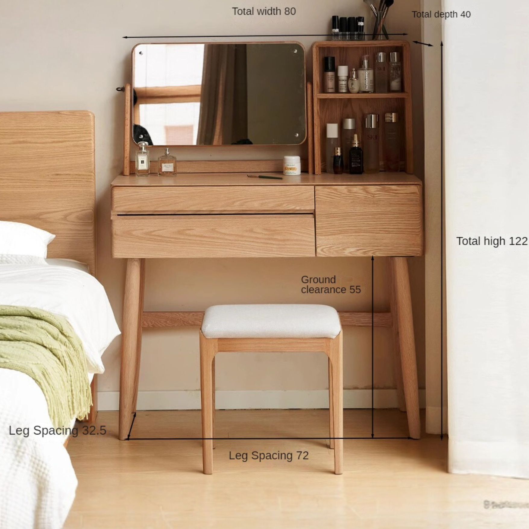 Oak, Beech Solid Wood Nordic Style Vanity Table.