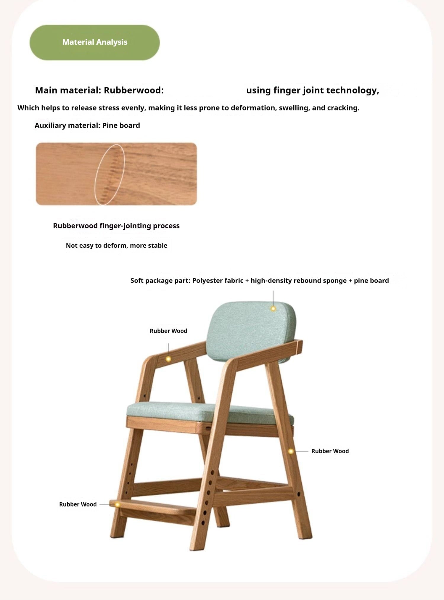 Solid Rubberwood Nordic Style Kids Chair with Adjustable Armrest