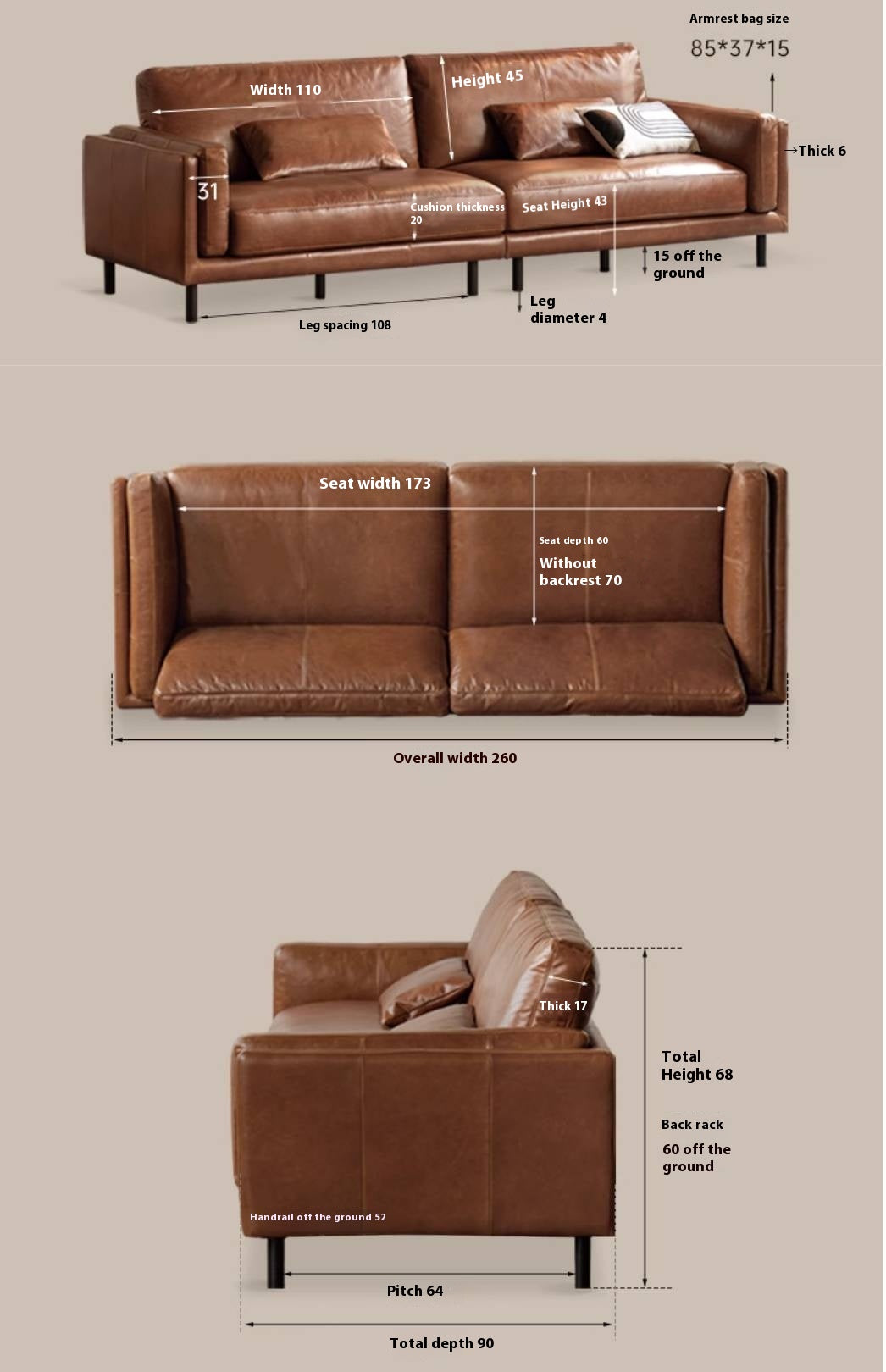 Italian Medieval Style Genuine Leather Oil-Wax Sofa