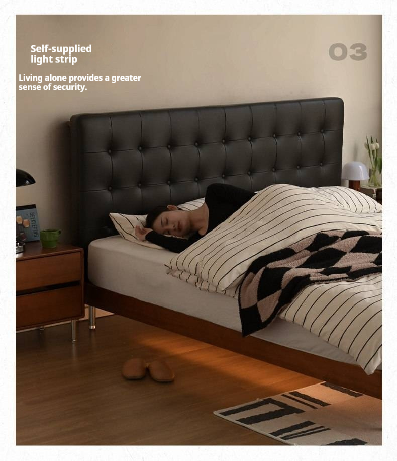 Tulipwood Solid Wood Bed — Bauhaus Style with Soft Genuine Leather Headboard