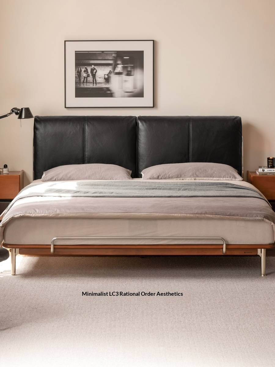 Genuine Leather Bauhaus Style Double Bed with Top Grain Cowhide Soft Backrest