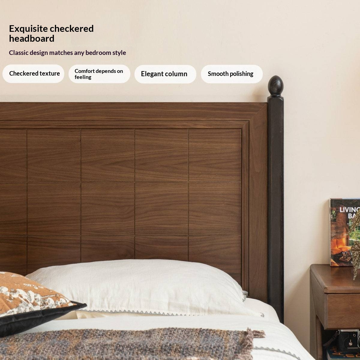 Black Walnut Solid Wood Four Poster Bed with Grid Panel Headboard