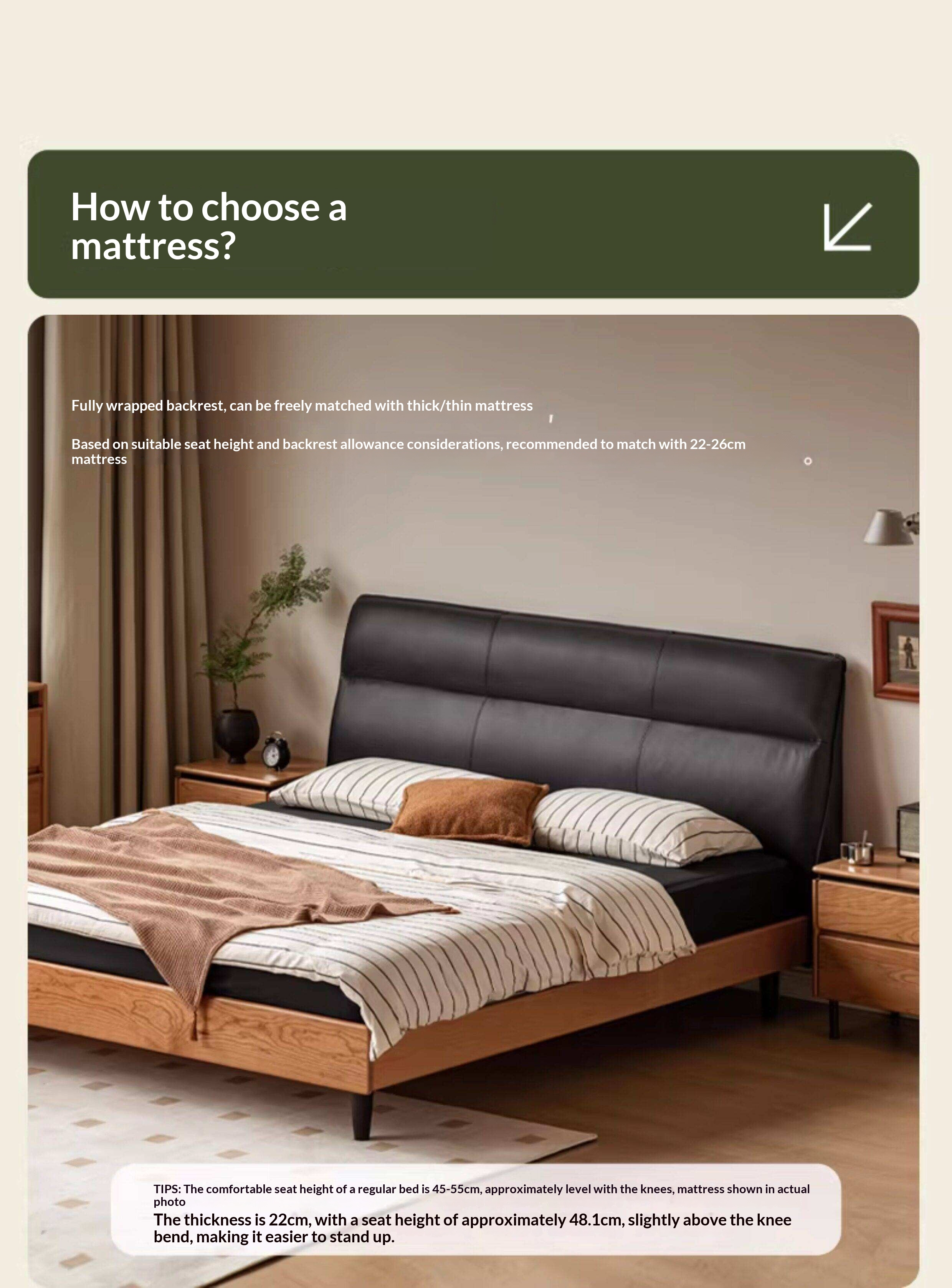 Cherry Solid Wood Genuine Leather Curved Upholstered Headboard Platform Bed