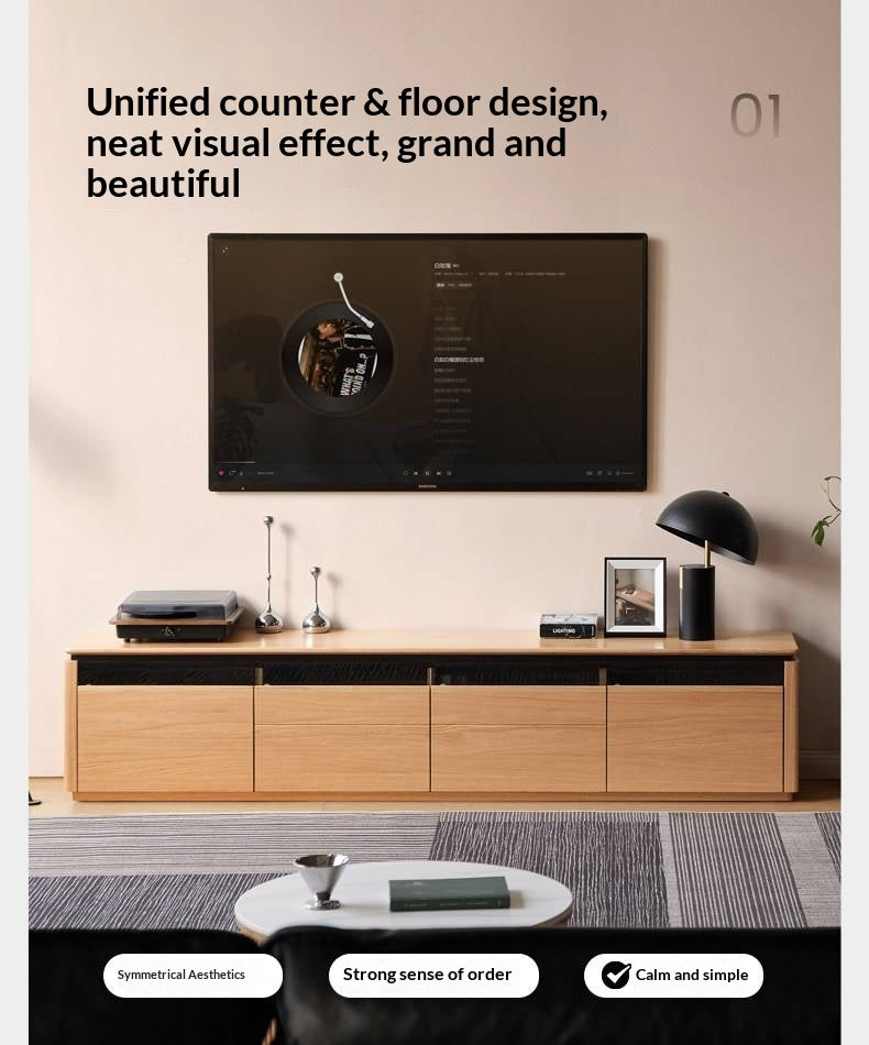 Oak Solid Wood TV Stand with Modern Minimalist Storage Design.