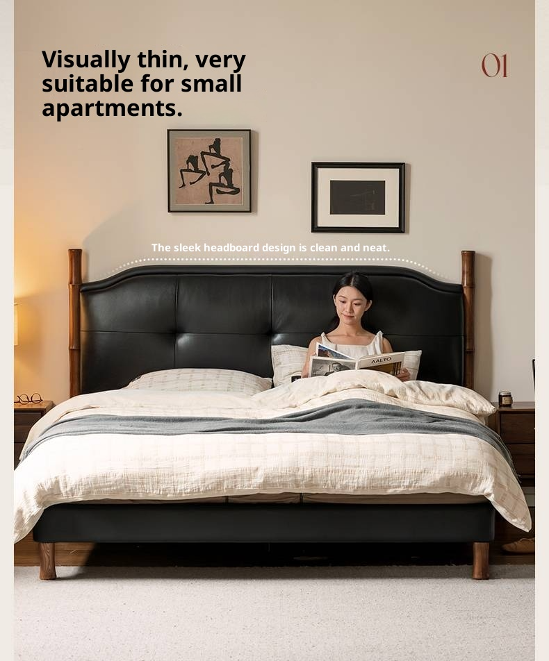 Genuine Leather Soft Headboard Bed