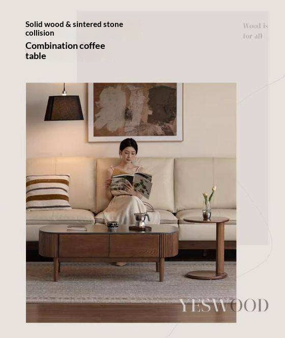 Oak Solid Wood Coffee Table with Rock Plate Surface