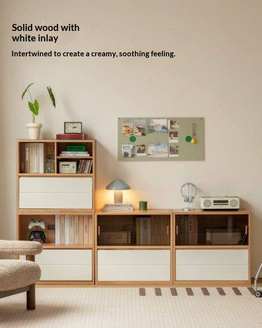 Oak Solid Wood Modular TV Cabinet System with Two-Tone Sliding Doors
