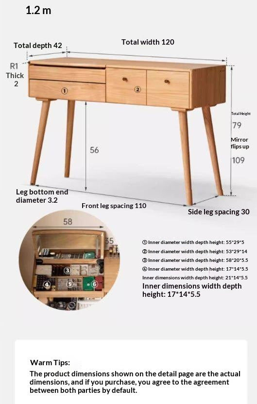 Oak Solid Wood, Solid RubberWood Vanity Table Mirror LED Touch Light.