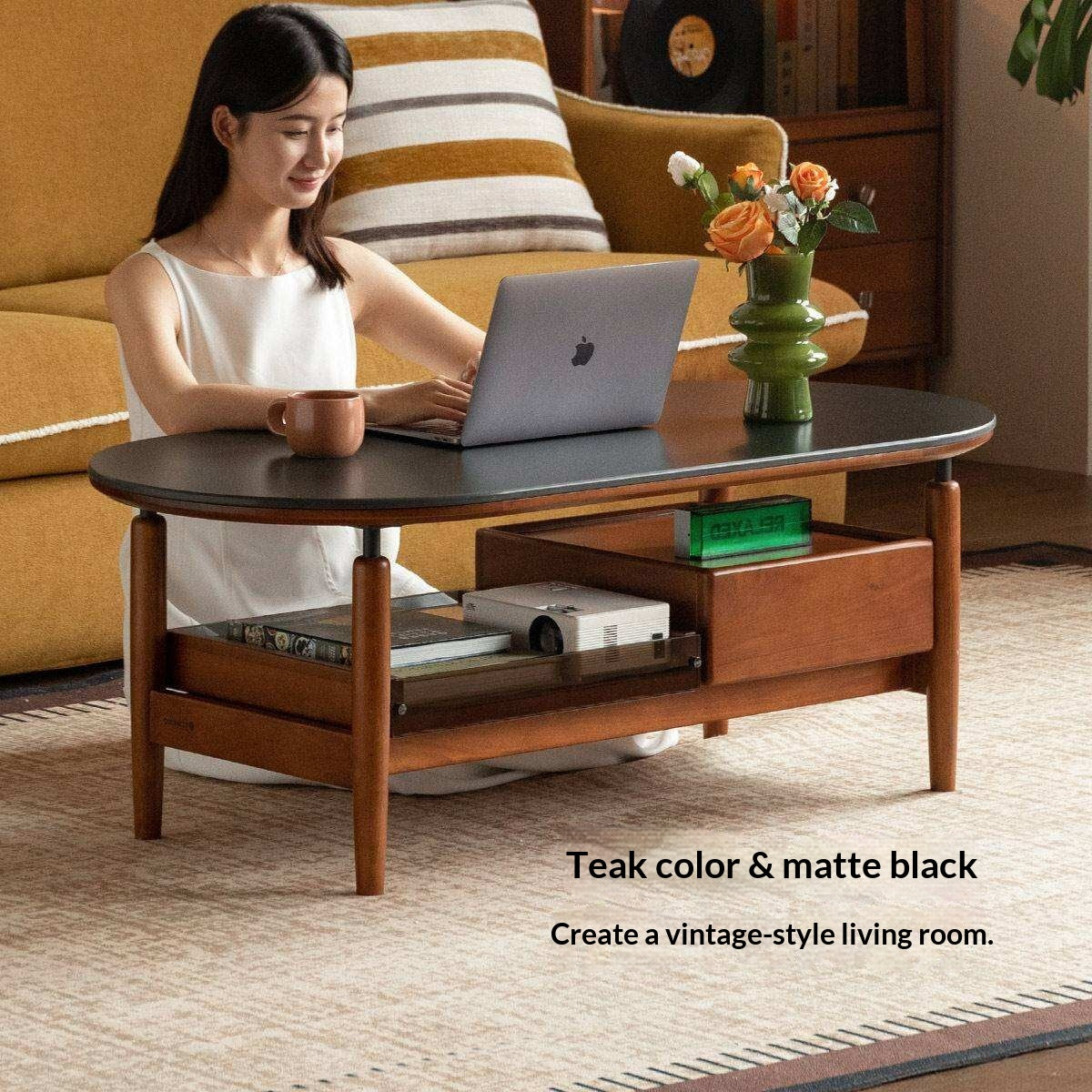 Tulipwood Solid Wood Coffee Table with Rock Slab Top in Retro Style