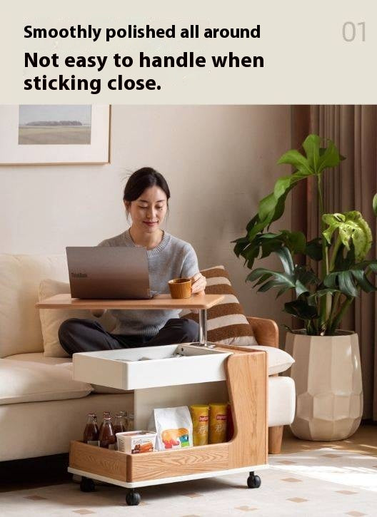 Oak Solid Wood Liftable Rotating Mobile Side Table
