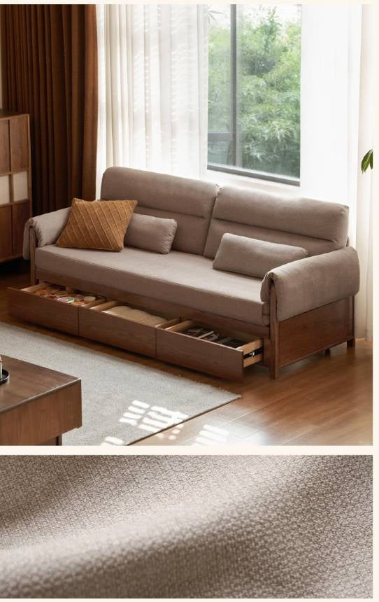 Oak Solid Wood Pull-Out Sleeper Sofa with Under-Seat Storage Drawers